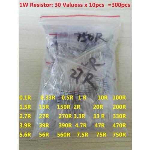 300pcs Resistor Kit 1W 5% 30values X 10pcs Carbon Film Resistance 0.1-750 ohm Set Metal 0.33 0.5 100 1.5 200 2.7 3.3 390 470 560