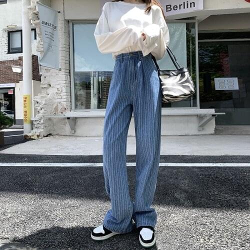 New hgih waist blue womens pants high quality drape jacquard wide-legged denim female pants fashion stripe woman trousers