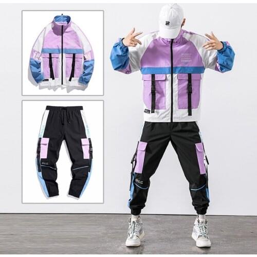 2021 Hip Hop Workwear jacket Mens Tracksuit Jacket+Pants 2PC Sets baseball loose Zipper Ribbons Coat & Long Pants Mens Clothes