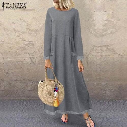 Fashion ZANZEA Women Long Sweatshirt Dress Autumn Long Sleeve Lace Patchwork Sundress Solid Vestido Robe Femme Winter Dresses