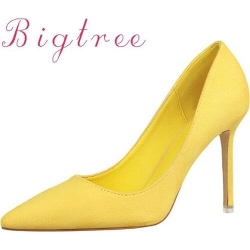 Size 34-39 Pu Leather Womens High Heels Women Pumps Sexy Office/Party Thin Heel Ladies Yellow Shoes Korean Fashion