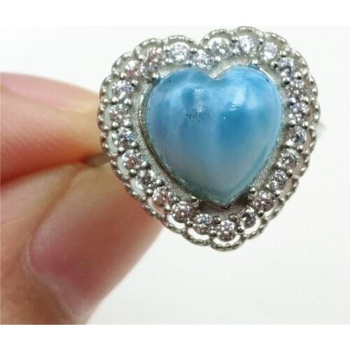 Namibia Natural Blue Larimar Heart Adjustable Ring 10x10mm Water Pattern Dominia Larimar 925 Sterling Silver AAAAAA