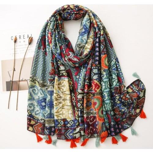 2020 New Geometry Print Tassel Scarf Hijab Women Long Small Flower Headband Shawls Scarves Wrap Free Shipping