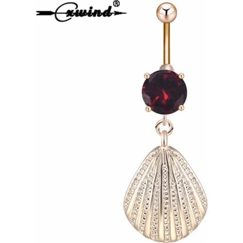 Cxwind Red Crystal Dangle Stainless Steel Navel Rings Charm Shell Dangle Belly Button Ring Navel Piercing Jewelry