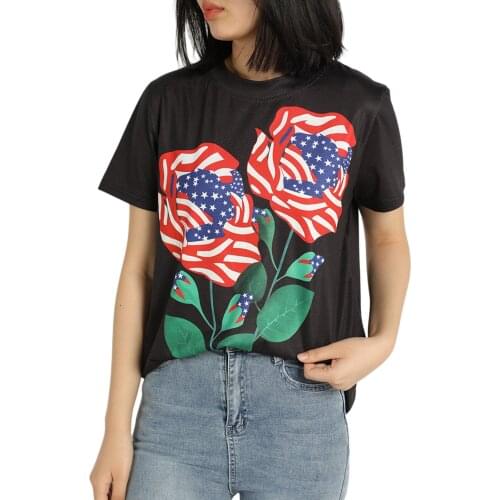 Women Summer Loose T-Shirt, Casual American Flag Rose Print Short Sleeve Round Neck Tops