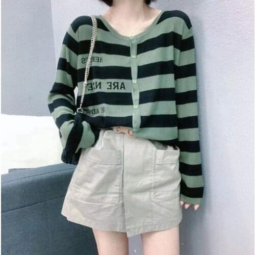 Autumn Europe Station Sweater Women Cardigan Stripe Letter Sweater O-Neck Loose Casual Ladies Color Contrast Fashion Top TT0008