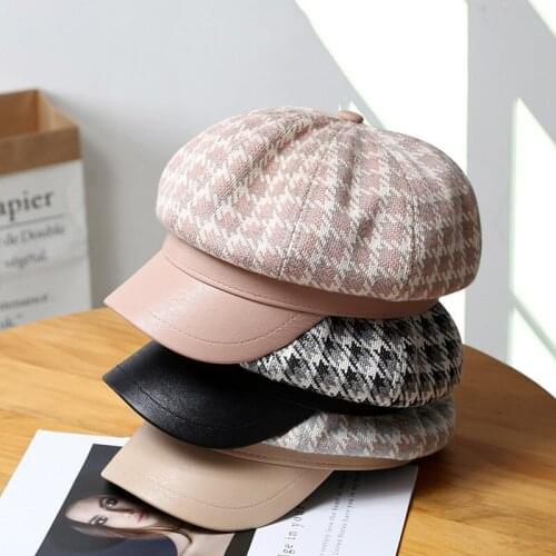 Retro Houndstooth Octagonal Hats For Women Autumn Winter Vintage Beret Hats For Wool Casual Newsboy Hat Girl Female Artist Caps