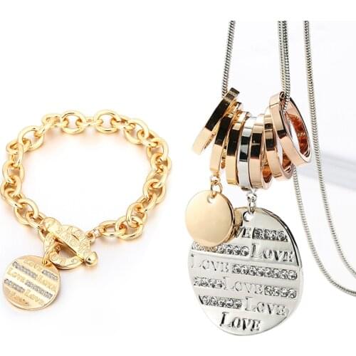New Fashion Jewelry Sets For Women Gold Sliver LOVE Lettering Geometric Round Charm Bracelet Circles Pendants Long Necklace 2019