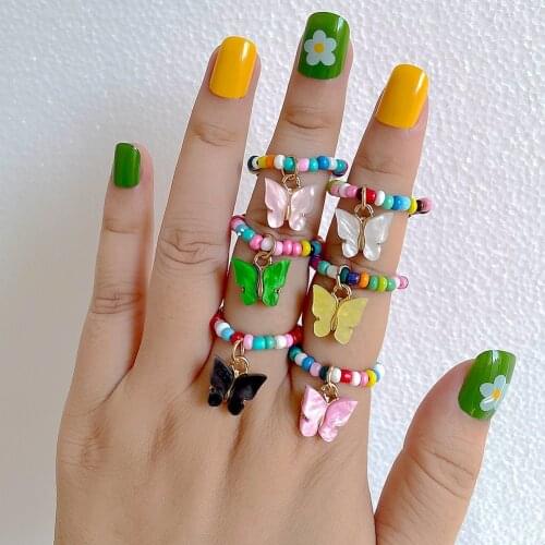 Korean Sweet Colorful Beaded Ring For Women Girls Acrylic Butterfly Handmade Beads Simple Rings Cute New Party Jewelry Gifts