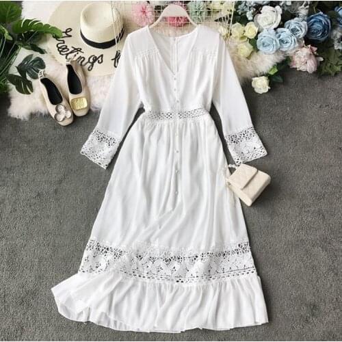Womens spring summer long sleeve v neck dress female vacation beach white dress TB1265