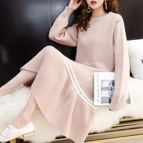 2020 New Autumn Winter Knitted Women Sweater Dress Solid Color Casual Loose Long Sleeve Thick Warm Dresses Korean Chic Clothing