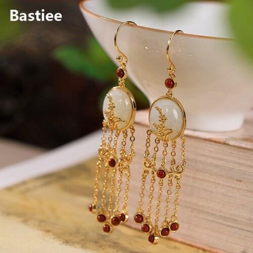 Bastiee Long Tassel Earrings For Women Drop Dangle Chinese Vintage Silver 925 Jewelry Gold Plated Ellipse Inlay Jade Red Agate