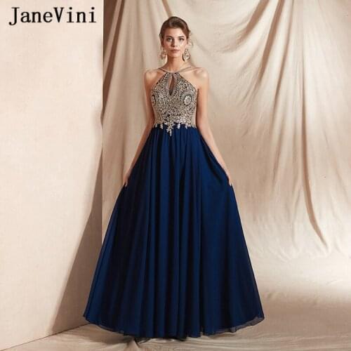 JaneVini Elegant Navy Blue Long Prom Dresses 2019 Robe de Soiree Halter Gold Appliques Beaded Chiffon Formal Evening Party Gowns