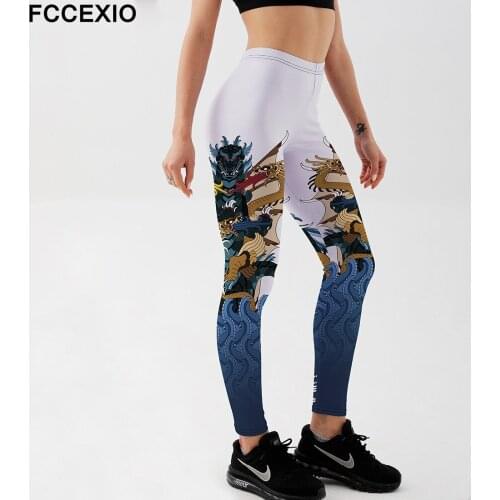 FCCEXIO Women Leggings High Waist Fitness Legging Blue Sea Dragon Ship Print Leggins Female Pants Workout Legging Slim Trousers