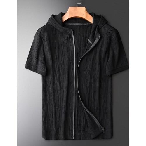 Classic Hooded Mens T-shirts Plus Size 4xl Luxury Wrinkle Fabric Short Sleeve Men T-shirt Fashion Summer Slim Fit Zipper Men Tee