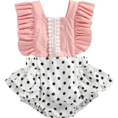 Toddler Summer Rompers, Lace Wave Dot Match Square-Neck Ruffled Sleeveless V-Back Jumpsuit for Baby Girls, 0-24 Months