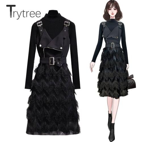 Trytree 2020 Autumn Winter Two piece set Casual Knitting Basic Top + Sling Dress PU Patchwork Tassel Hem High Street 2 Piece Set