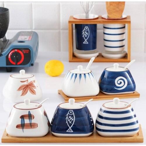 Creative Ceramic Set Seasoning Jar Chili Oil Seasoning Box Sugar Bowl Kitchen Supplies Japanese-style Condiment Jar