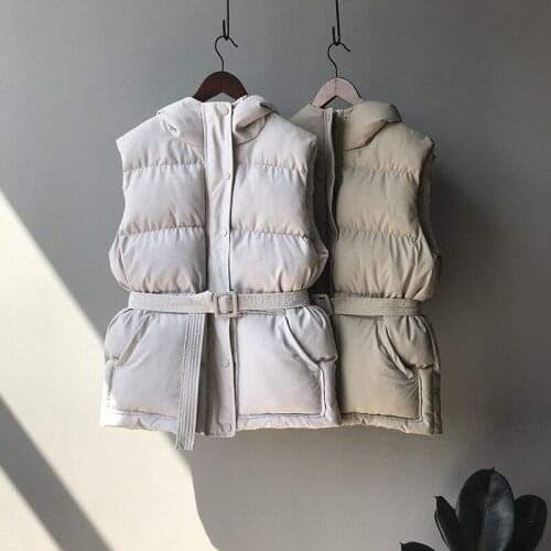 2021 New Cotton Vest Women Winter Korean Loose Hooded Warm Waistcoat Female with Belt