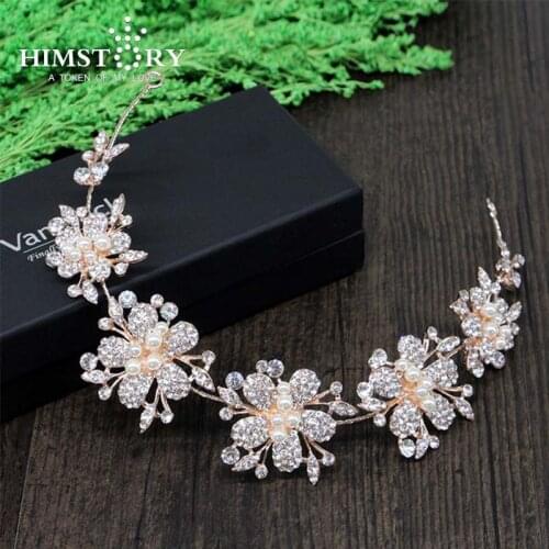HIMSTORY Stunning Flower White Rhinestones Pearl Bridal Headband Tiara Pearl Wedding Accessories Headpiece Women Hairband