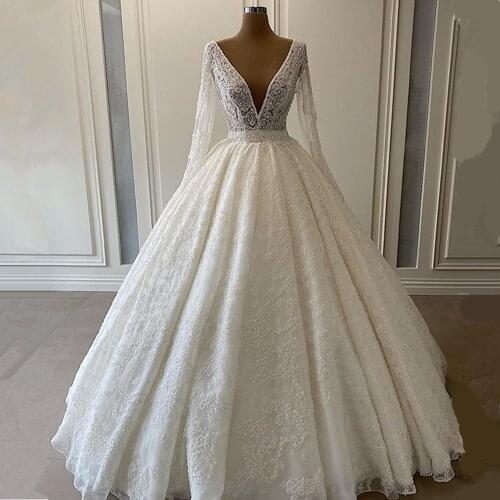 Luxury Deep V Neck Lace Long Sleeve Wedding Dress 2021 Romantic Full Stones Beads Ball Gown Wedding Bridal Gowns