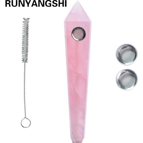 Runyangshi 1pcs 15cm Natural pink quartz crystal smoking pipe rock cigarette holder + 3 filter + 1pc brush