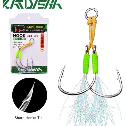KATYUSHA 1SET Jigging Fishing Hooks 1/0-2/0-3/0-4/0-5/0# High Carbon Steel Twins Double Fishery Glow Jig Slow Feather Fishhooks