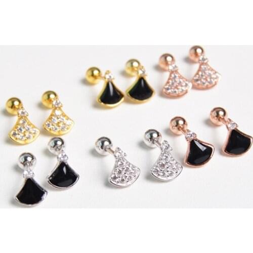 925 Sterling Silver Earring Simple Fan Zircon Screw Stud Earring Cute Sweet Personality Ear Bone Nail Cochlear Girl Ear Jewelry