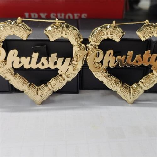 7cm Custom Earrings Stainless Steel Bamboo Heart Shape Name Earrings Bamboo Style Hoop Earrings Personalized Earring Joy Gifts