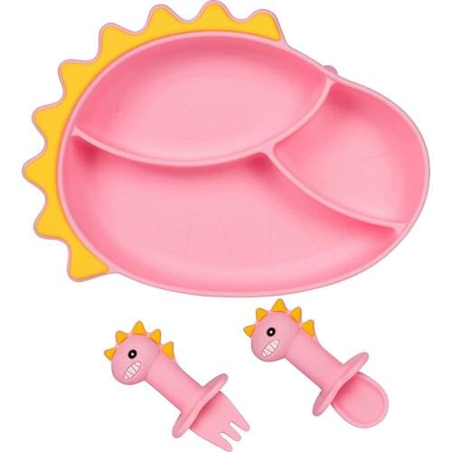 Silicone Suction Baby Plate with Spoon and Fork Dinosaur Plate Set Baby Self Feed Utensils Spoon Baby Fork Suction Baby Plates