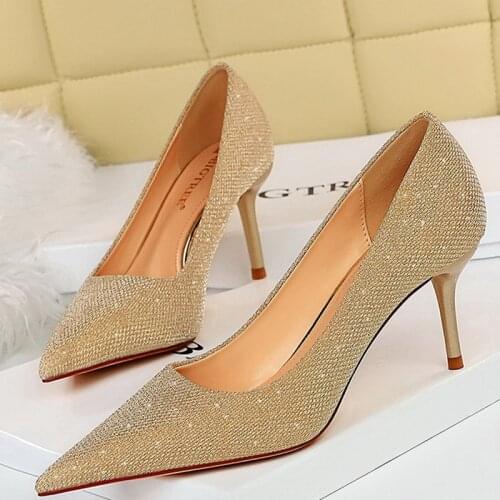 BIGTREE Shoes Sequin Cloth Kitten Heels Woman Pumps Fashion Party Shoes Women Heels Stiletto 7 Cm Wedding Shoes Plus Size 42 43