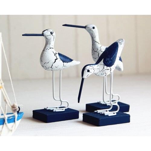 European Style Mediterranean Bird Ornaments Hand-Painted Decoration Woodcarving And Log Crack Marine Style Set Of Three Birds 12