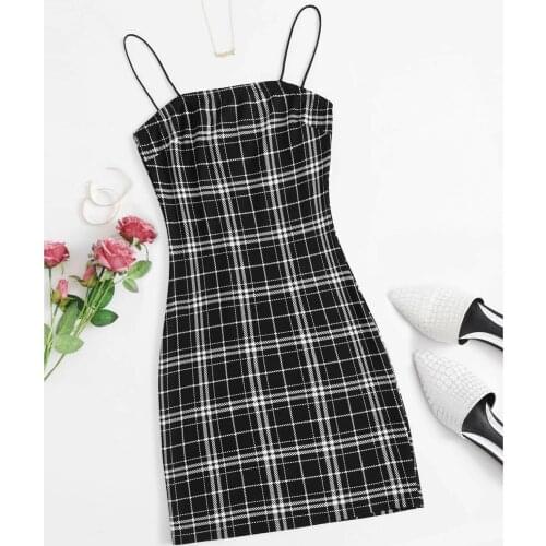 Vestdios 2021Tops Womens Sleeveless Plaid Print Slip Dress Sling Dress Mini Cami Dress