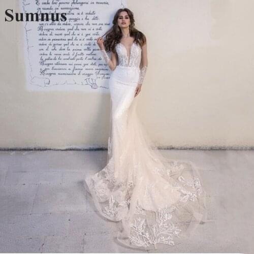 SoDigne Arabic Wedding Dress 2021 Long Sleeve Romantic Lace Mermaid Bride Dress Sexy V Neck Boho Wedding Gowns