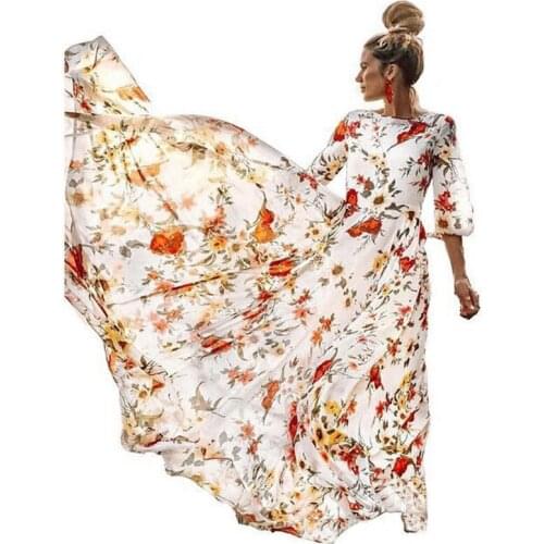 2021 Summer Floral Print Chiffon Bohemia Dress Round Neck Short Sleeve Loose Swing Print Big Pendulum Dresses Women White Green