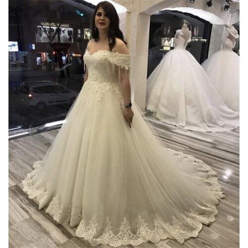 2020 New Wedding Dresses Off The Shoulder A-Line V-neck Sweep Train Tulle Lace Applique Beading Wedding Dresses vestido de noiva