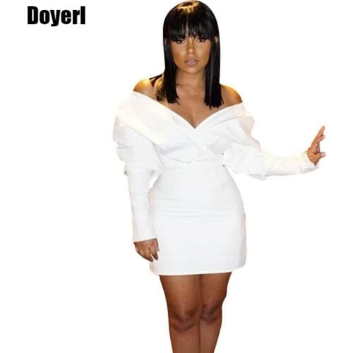 Off The Shoulder Sexy Party Dresses Women Spring Elegant Overlap White Lantern Long Sleeve Bodycon Dress Mini Night Club Dresses