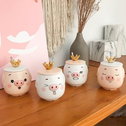 450ml Crown Pig Mug Cute Little Pig with A Cap and A Spoon and A Crown on His Head Three-dimensional Animal Cartoon Coffee Cup