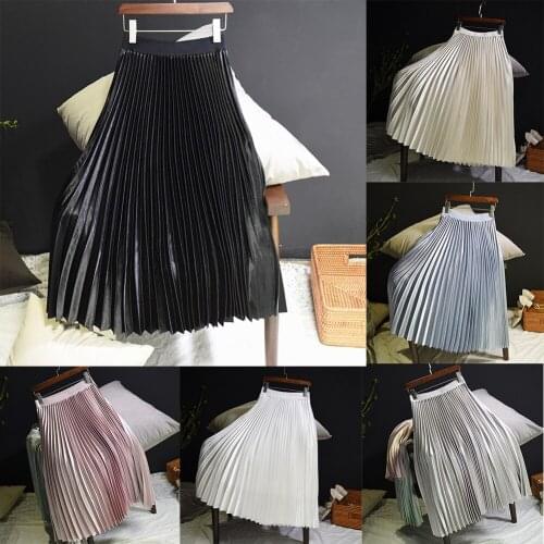 Cheap Clearance ！Gothic Metallic Black Pleated Long Skirt Vintage High Waisted A Line Satin Skirts Womens Korean Style 2020