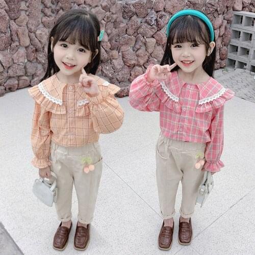 Childrens Clothing 2021 Girls Spring Fashion Lapel Plaid Lantern Sleeve Shirt Long-sleeved Korean Casual Pants Two-piece Suit
