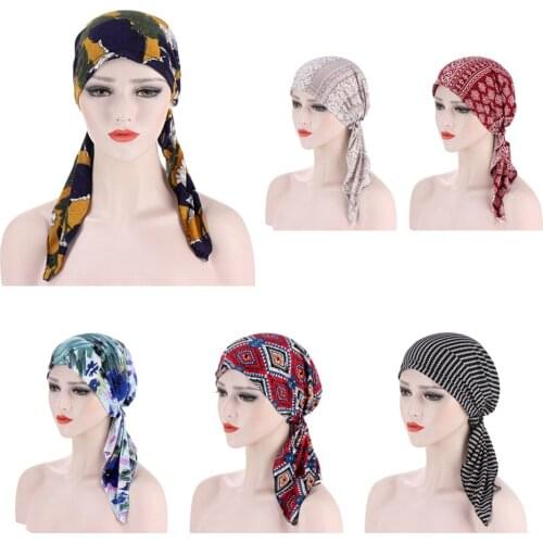 Muslim Women Printed Hijabs Hats Turban Head Scarf Chemo Cancer Cap Hair Loss Hat Long Tail Bonnet Wrap Cap Bandanas Fahion New