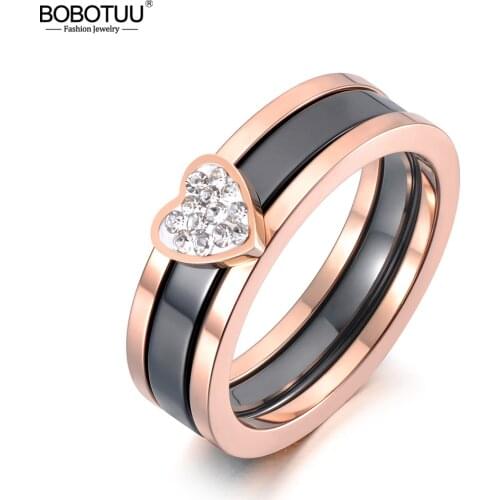 BOBOTUU Titanium Stainless Steel Ceramic Crystal 2 In 1 Heart Wedding Ring Trendy Anniversary Rings Jewelry For Women BR19100