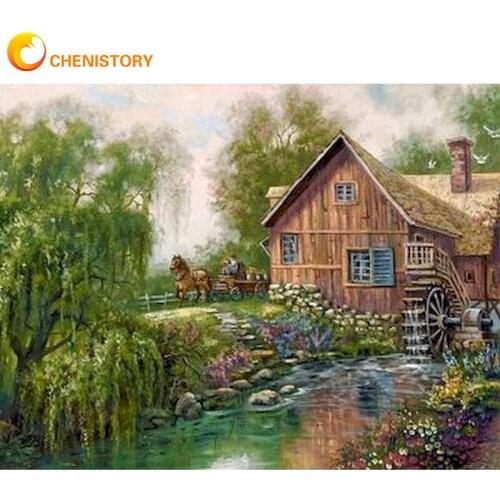 CHENISTORY Painting By Numbers 60x75cm Frame Wooden House Beside River Landscape Picture HandPainted Home Decor Unique Gift