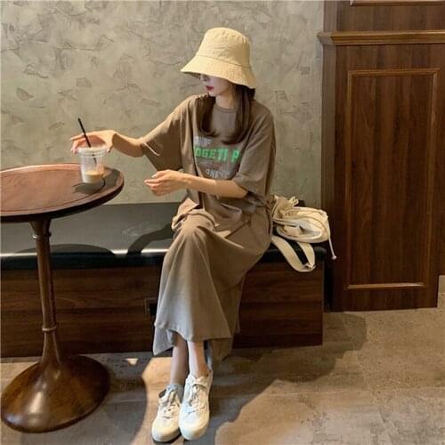 Kili Womens Korean Round Neck Short Sleeve Loose Wild Print Mid-Length T-Shirt Dress Khaki One Size