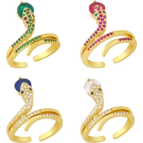 FLOLA Copper CZ Animal Snake Rings For Women Crystal White Stone Adjustable Open Gold Ring Fashion Jewelry rigm24