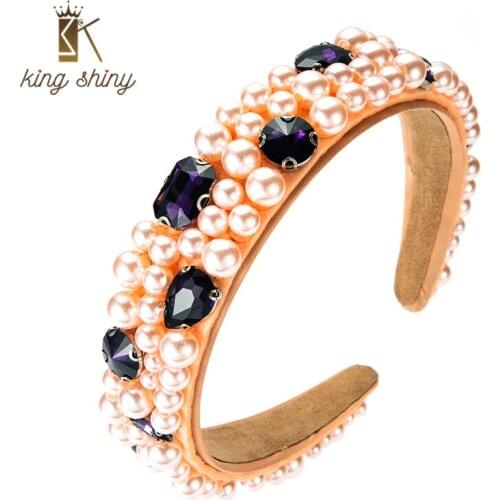 King Shiny Vintage Baroque Full Simulated Pearl Headband Luxury Color Geometric Crystal Beaded Hairband Girls Party Tiara Crowns