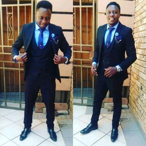 Navy blue men suits 3 piece best man wedding suit Business Host stage costume jacket pant vest slim fit Tuxedo Groom Groomsman