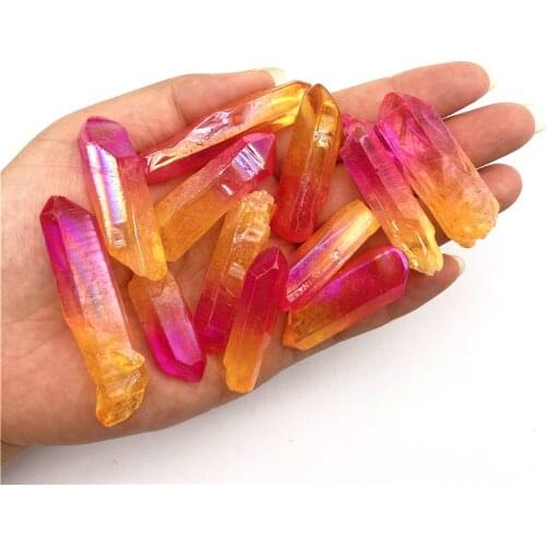 Beautiful 50g Electroplated Yellow and Pink Titanium Aura Lemurian Crystal Wand Point Healing Decorative Quartz Crystals