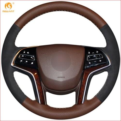 MEWANT Coffee Genuine Leather Black Suede Car Steering Wheel Cover for Cadillac SRX 2013-2015 XTS 2013-2017 Accessories Parts