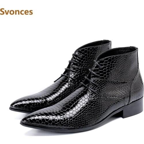 Genuine Leather Fashion Mens Ankle Boots Luxury Shinning Black Serpentine Pointed Man Shoes Brand Gentleman CasuaL Shoers Man 46